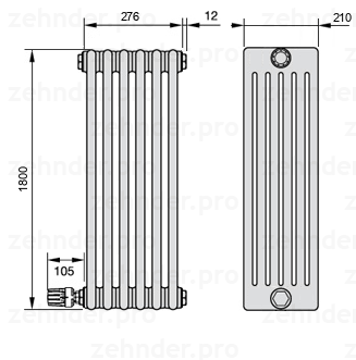 Схема (чертеж) Радиатор Zehnder Charleston 6180/6 №V004 Белый глянцевый RAL 9016